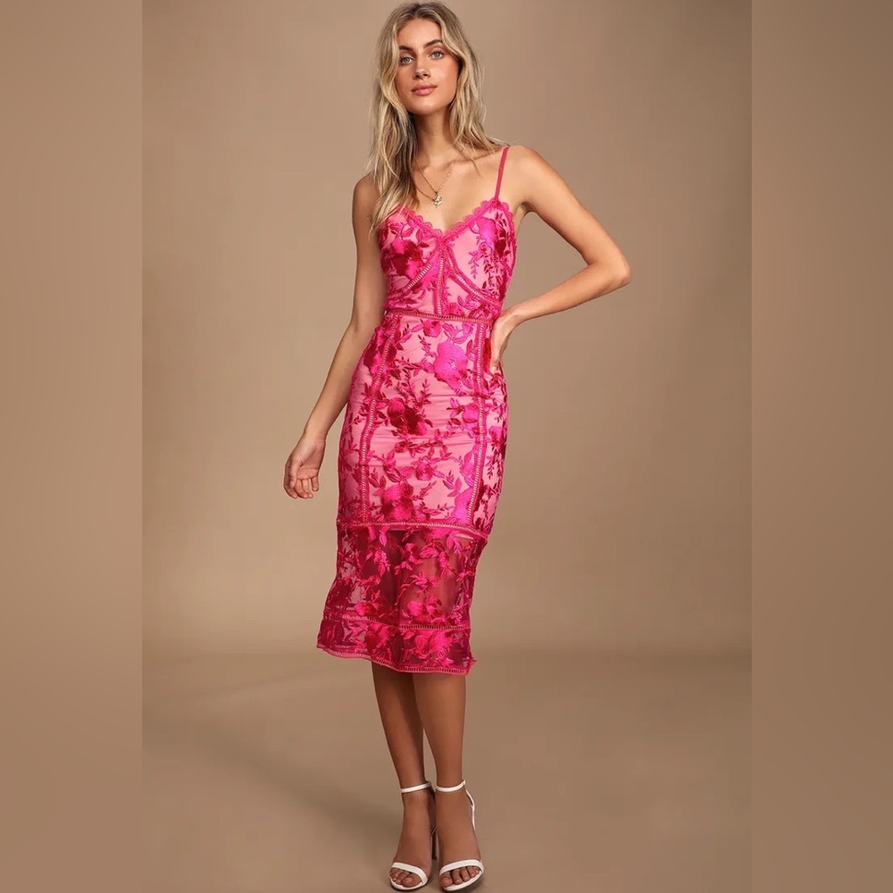 Lulu’s Deeply Cherished Hot Pink Lace Midi Dress Size Large